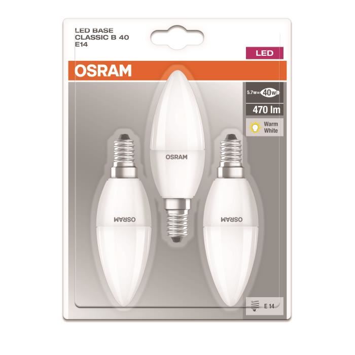 OSRAM Lot de 3 Ampoules LED E14 flamme dépolie 5,7 W équivalent a 40 W blanc chaud