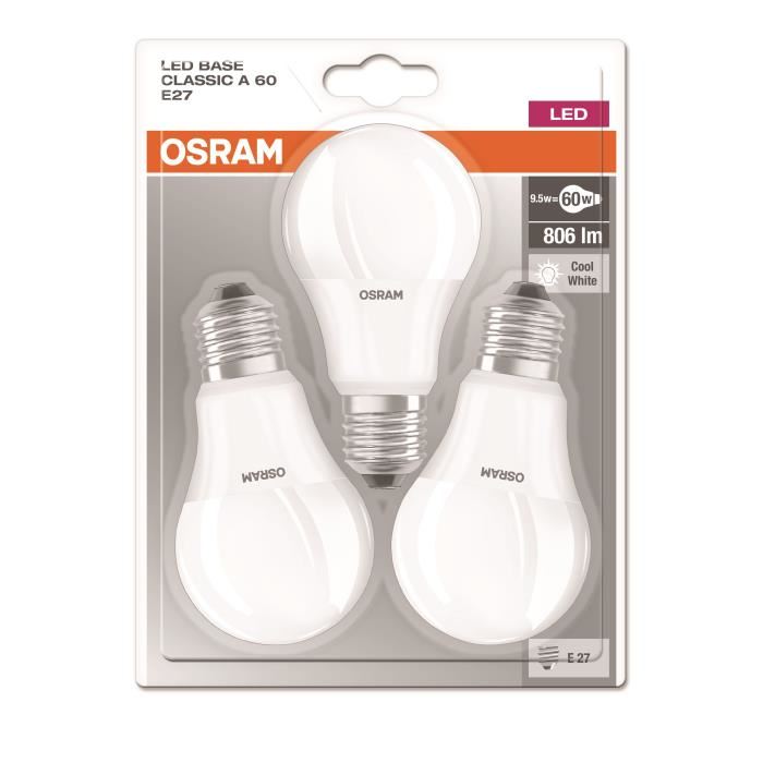 OSRAM Lot de 3 Ampoules LED E27 standard dépolie 9,5 W équivalent a 60 W blanc froid