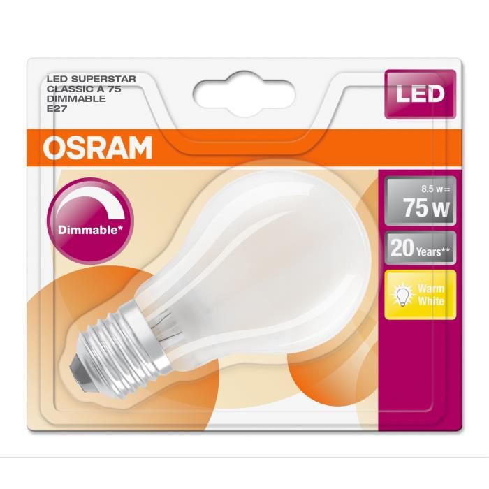 OSRAM Ampoule LED E27 standard dépolie 8,5 W équivalent a 75 W blanc chaud dimmable variateur