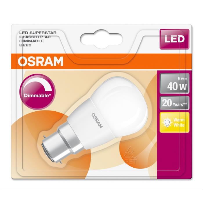 OSRAM Ampoule LED B22 sphérique dépolie 4,5 W équivalent a 40 W blanc chaud dimmable