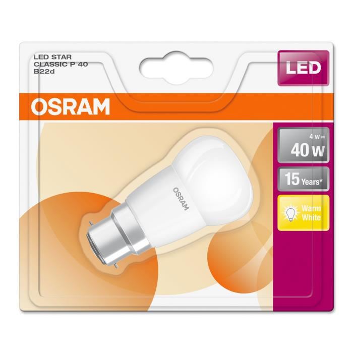 OSRAM Ampoule LED B22 sphérique dépolie 4 W équivalent a 40 W blanc chaud