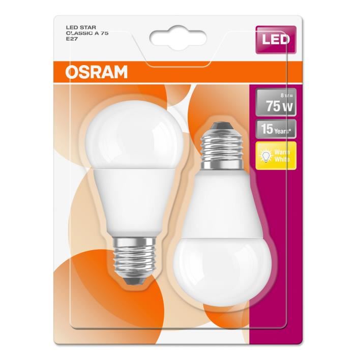 OSRAM Lot de 2 Ampoules E27 LED standard dépolie 8 W équivalent a 75 W blanc chaud