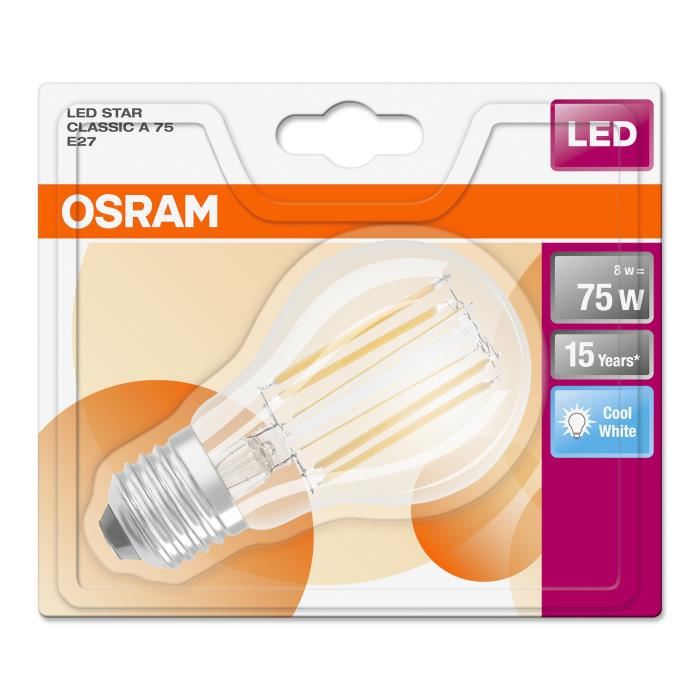 OSRAM Ampoule LED E27 standard claire 8 W équivalent a 75 W blanc froid