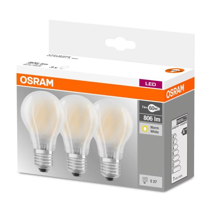 OSRAM Lot de 3 Ampoules LED E27 standard dépolie 7 W équivalent a 60 W blanc chaud