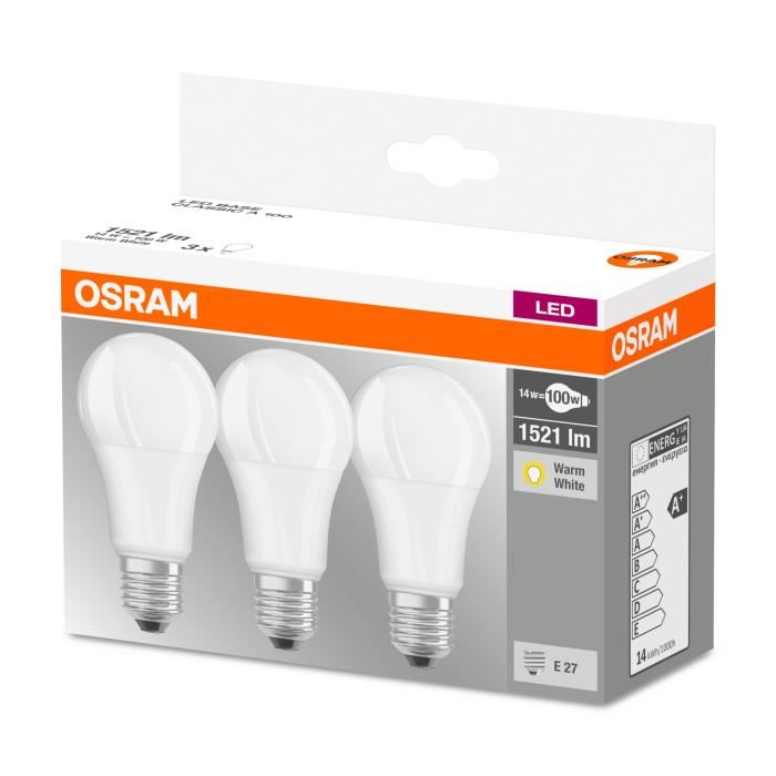 OSRAM Lot de 3 Ampoules LED E27 standard dépolie 14 W équivalent a 100 W blanc chaud