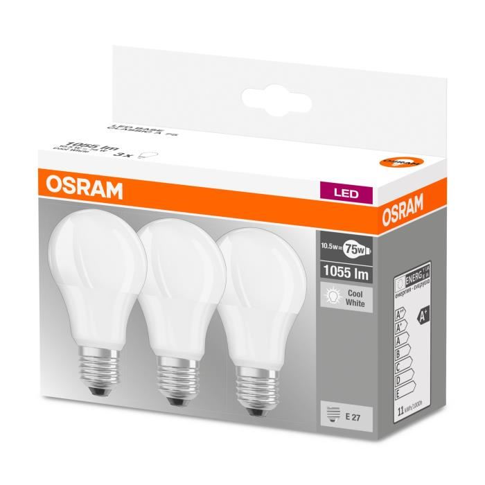 OSRAM Lot de 3 Ampoules LED E27 standard dépolie 10,5 W équivalent a 75 W blanc froid