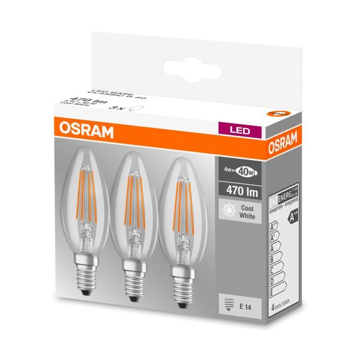 OSRAM Lot de 3 Ampoules LED E14 flamme claire 4 W équivalent a 40 W blanc froid