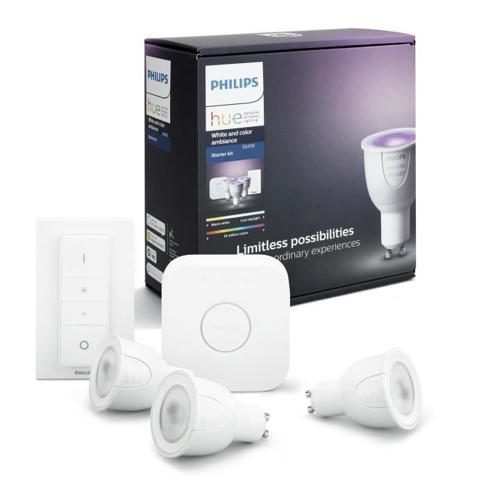 PHILIPS HUE Kit de démarrage 3 ampoules White&Color GU10 avec pont de connexion et télécommande Hue