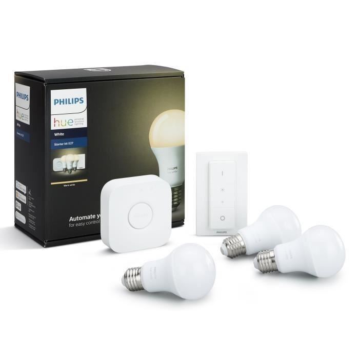 PHILIPS HUE Kit de démarrage 3 ampoules White E27 avec pont de connexion et télécommande Hue