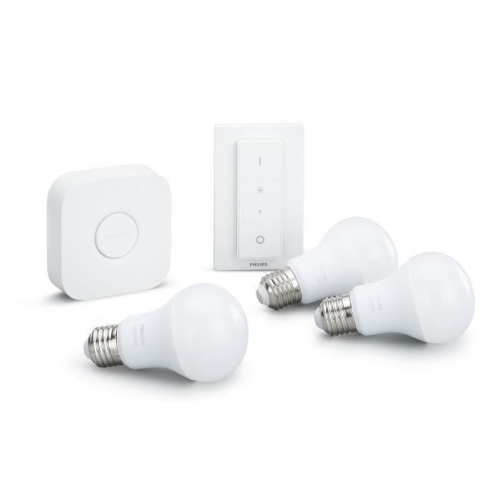 PHILIPS HUE Kit de démarrage 3 ampoules White E27 avec pont de connexion et télécommande Hue