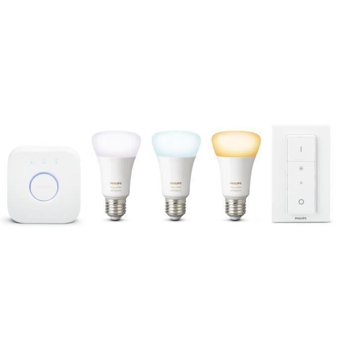 PHILIPS HUE Kit de démarrage 3 ampoules White Ambiance E27 avec pont de connexion et télécommande Hue