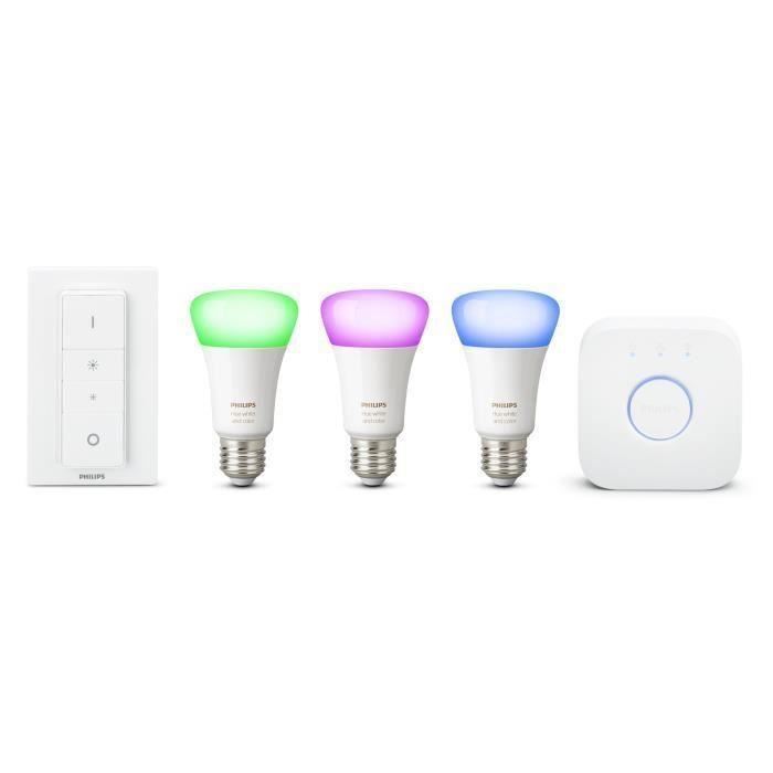 PHILIPS HUE Kit de démarrage 3 ampoules White&Color E27 avec pont de connexion et télécommande Hue