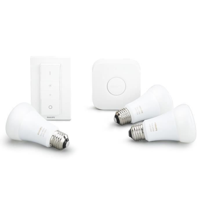 PHILIPS HUE Kit de démarrage 3 ampoules White&Color E27 avec pont de connexion et télécommande Hue