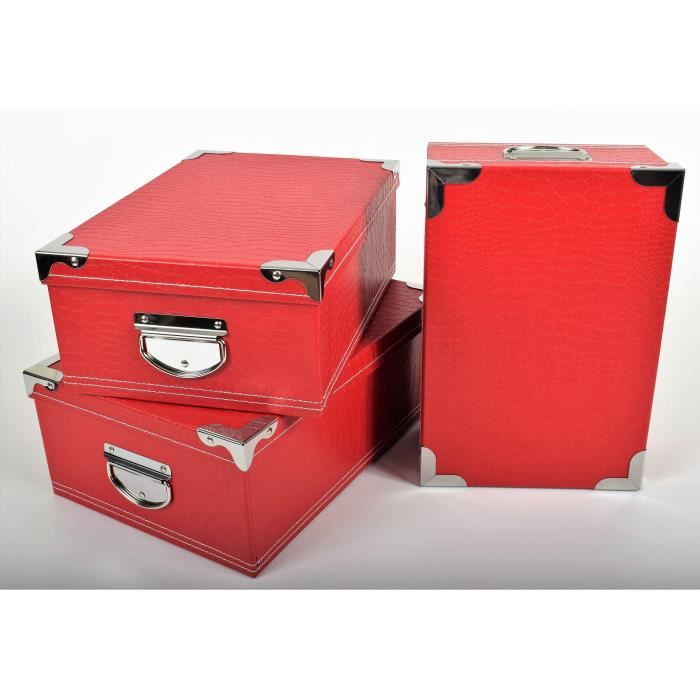 BOX Lot de 3 boites de rangement en carton - Rouge