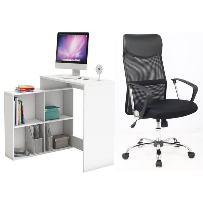 Ensemble Bureau d'angle NAGANO blanc perle + fauteuil de bureau KARL en métal chromé noir