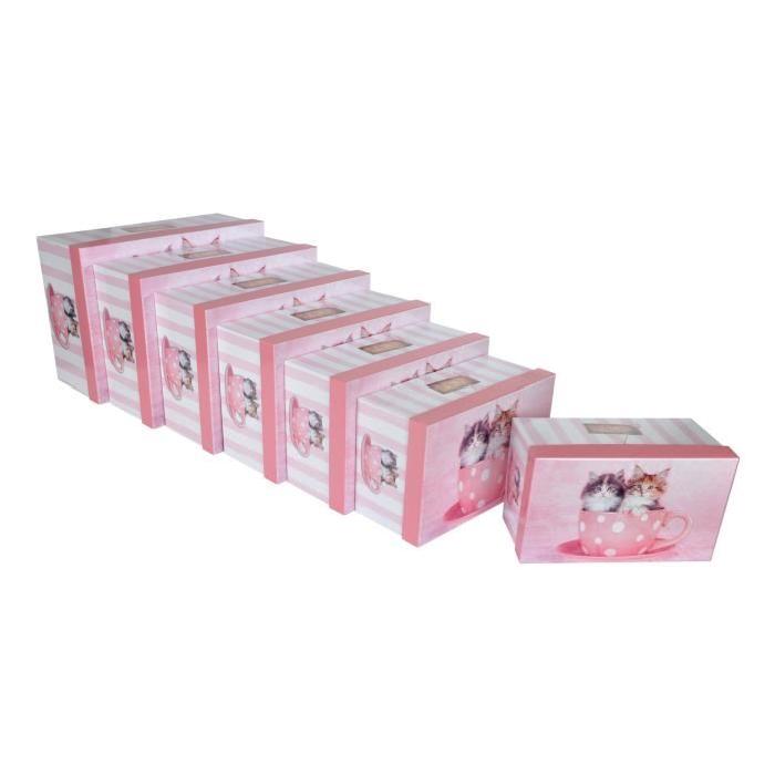 HOMEA Set de 7 boîtes de rangement Love Cat 26-28-30-33-35-37-39 cm rose