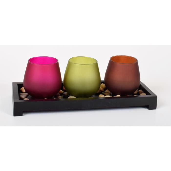 Bougeoir 3 verres couleur 34x13x12cm sur un plateau en MDF + galets