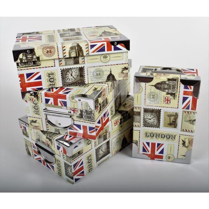 LONDON Lot de 4 boites de rangement en carton imprimé - XL/L/M/S