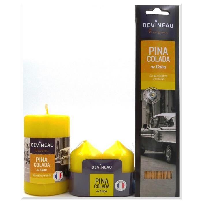 DEVINEAU Lot de 3 bougies parfumées + 20 bâtonnets d'encens - Pina Colada de Cuba