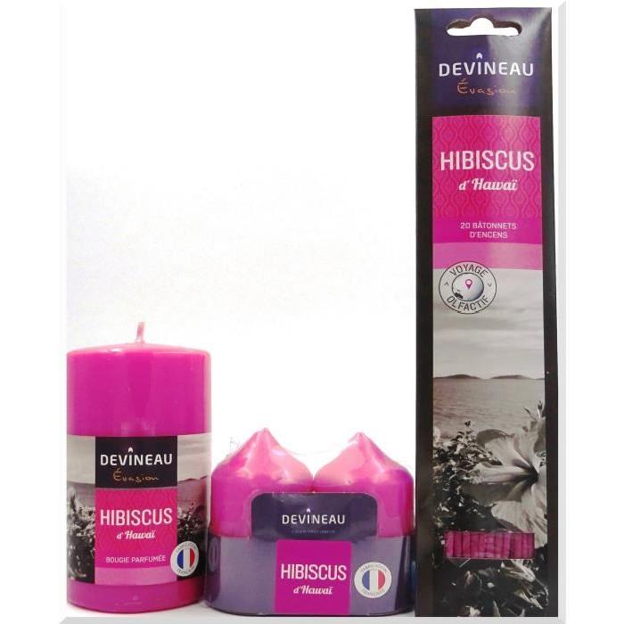 DEVINEAU Lot de 3 bougies + 20 bâtonnets d'encens - Rose Hibiscus d'Hawai