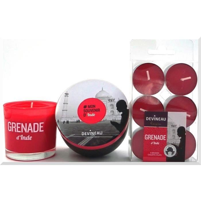 DEVINEAU Pack Boîte métal + verre coloré + 6 Bougies chauffe-plats - Grenade d'Inde