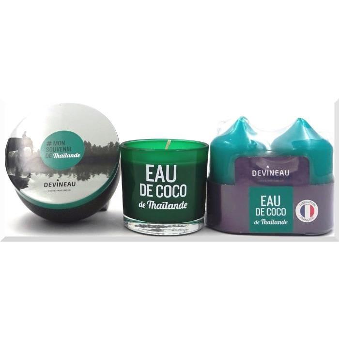 DEVINEAU Pack Boîte métal + verre coloré + 2 Bougies - Eau de coco Thailande