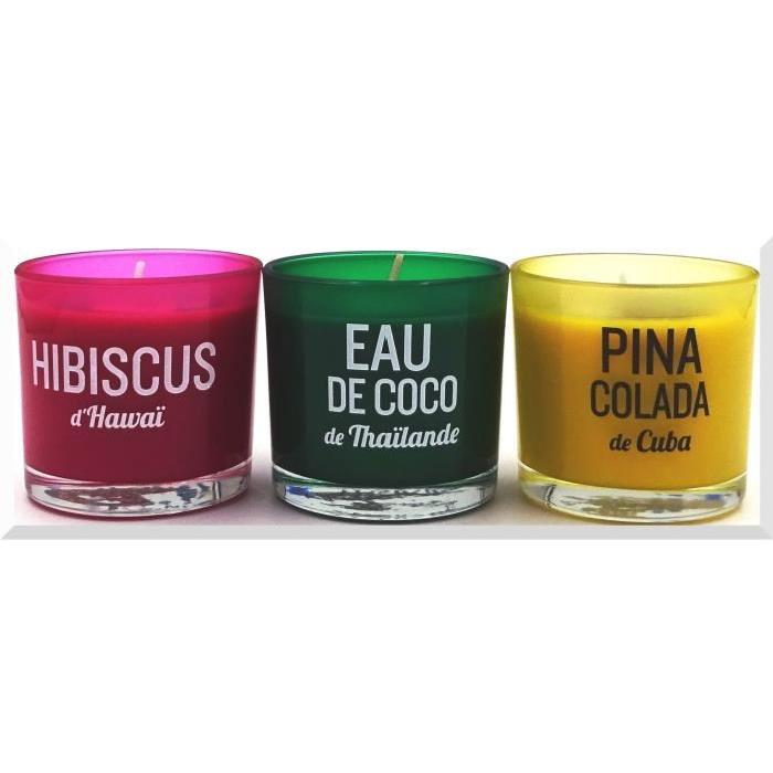 DEVINEAU Lot de 3 bougies parfumées - Hibiscus, Eau de coco et Pina colada