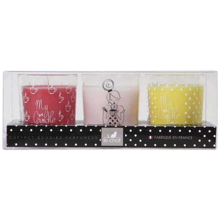 LE CHAT Coffret bougies My Candle Box parfums rose - fruits rouges - vanille - 3 verres