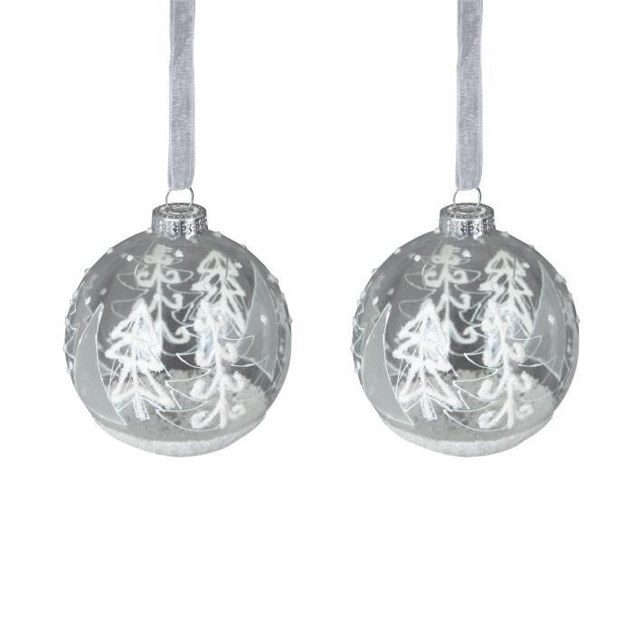 Lot de 2 Boules de Noël lumineux motifs sapins en verre Ř 7 cm