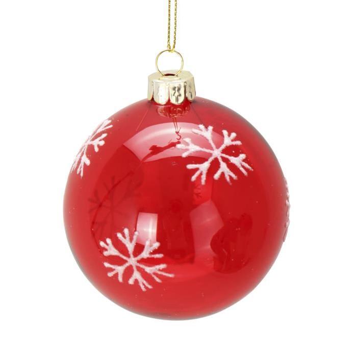Boule de Noël flocons blanc base rouge en verre Ř 8 cm
