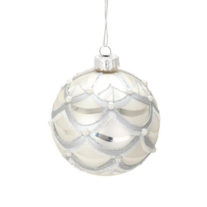 Boule de Noël avec perles et paillettes blanc en verre Ř 8 cm