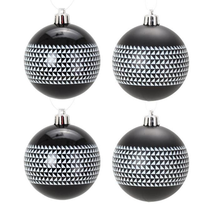 Lot de 4 Boules de Noël motifs géométriques noir en PVC Ř 8 cm