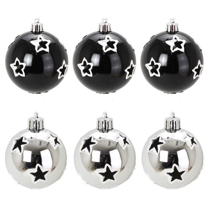 Lot de 6 Boules de Noël étoile Noir et argent 6 cm