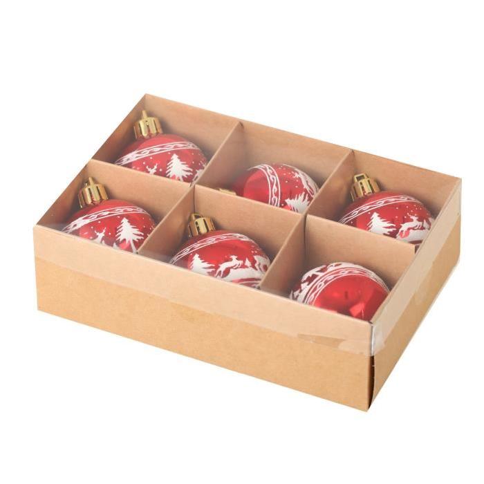 Lot de 6 Boules de Noël décorées en PVC Rouge 6 cm