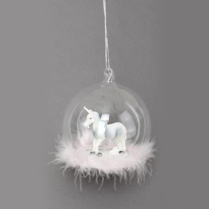 Boule de Noël cheval avec plume blanc Ř 8 cm