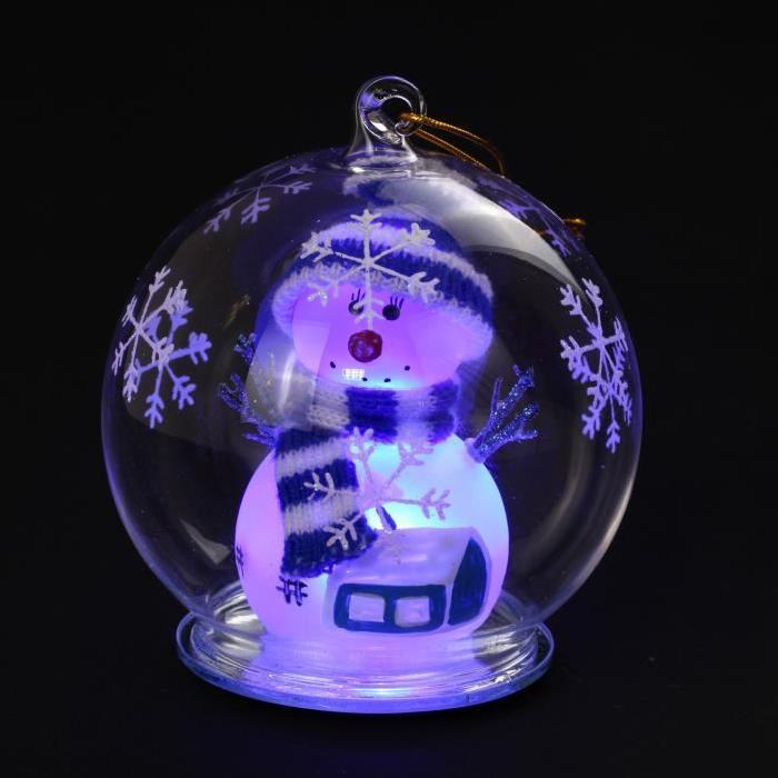 Boule de Noël lumineux bonhomme de neige en verre Ř 11 cm