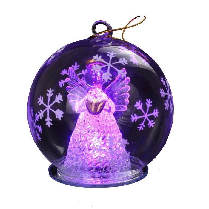 Boule de Noël lumineuse ange violet en verre Ř 11 cm