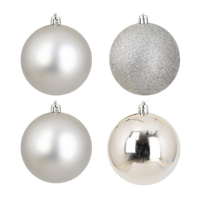 Lot de 4 Boules de Noël 3 finitions assorties Argenté