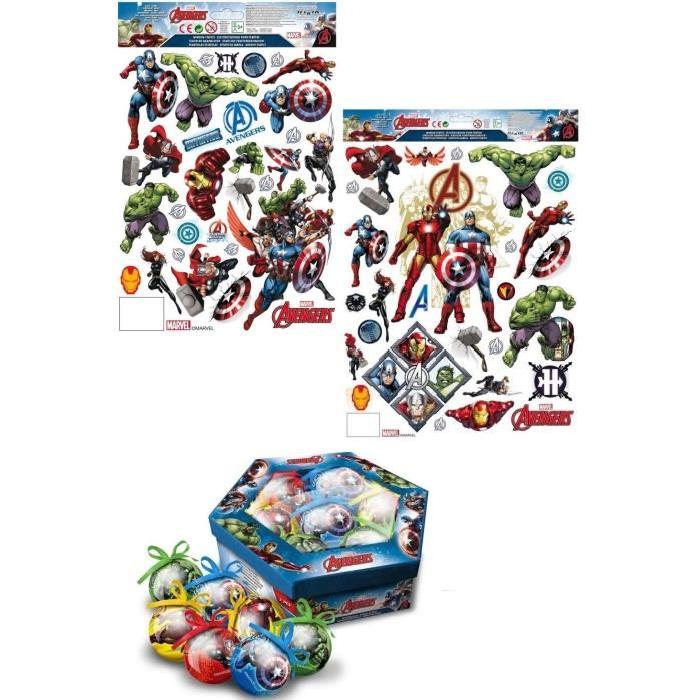 AVENGERS Lot de 7 boules de Noël 7,5 cm rouge, vert et bleu + 2 planches de stickers électrostatiques 42x30-30x20 cm blanc