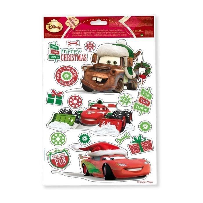 CARS Lot de 4 boules de Noël 7,5 cm rouge, vert et bleu + Bonnet 39 cm rouge + Stickers électrostatique 30x20 cm blanc