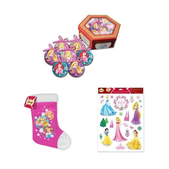 PRINCESSE Lot de 7 boules de Noël 7,5 cm rose et bleu + Chaussette velours 39 cm rose et Stickers électrostatique 42x30 cm