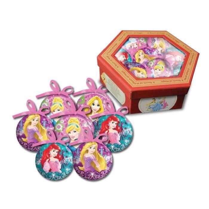 PRINCESSE Lot de 7 boules de Noël 7,5 cm rose et bleu + Chaussette velours 39 cm rose et Stickers électrostatique 42x30 cm