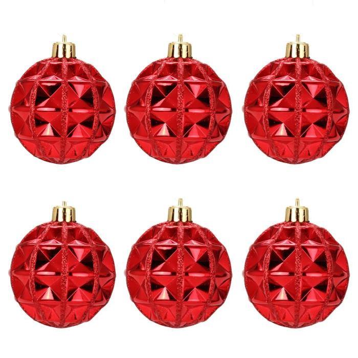 Lot de 6 Boules de Noël géométrique Rouge 7 cm