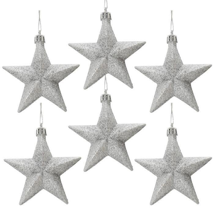 Lot de 6 Suspensions de Noël Etoiles Argenté 12 cm