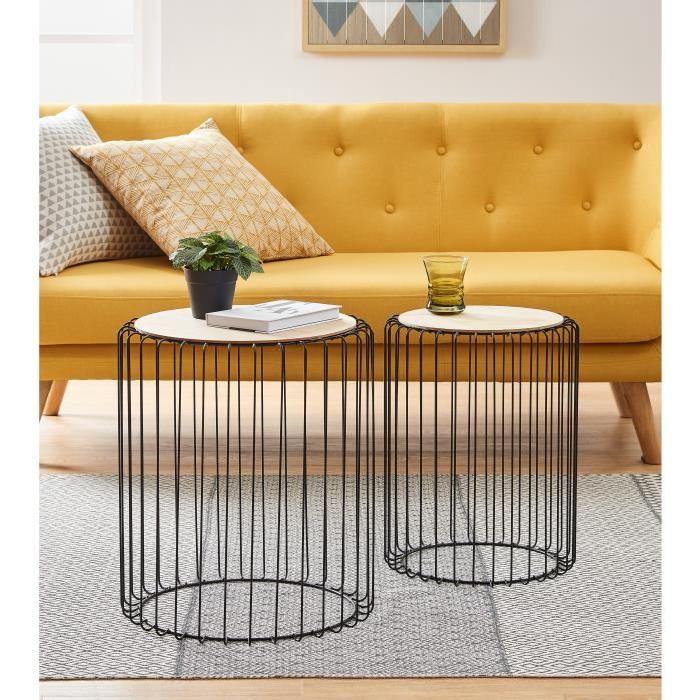 DILMA Lot de 2 tables gigognes style industriel placage bois + pieds métal laqué noir - L 35 x l 35 cm et L 43 x l 43 cm