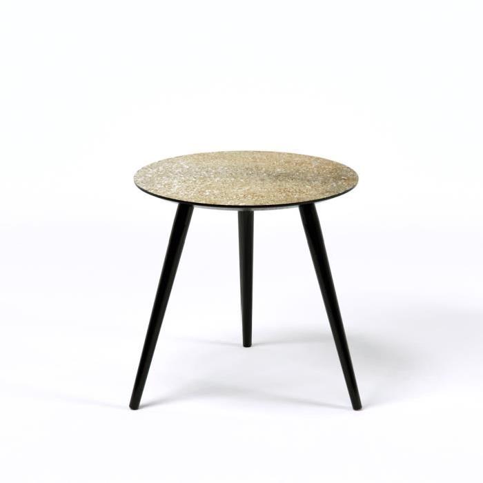 PEPITA Table d'appoint ronde vintage en MDF recouverte de paillettes dorées avec pieds en bois noir - L 40 x l 40 cm