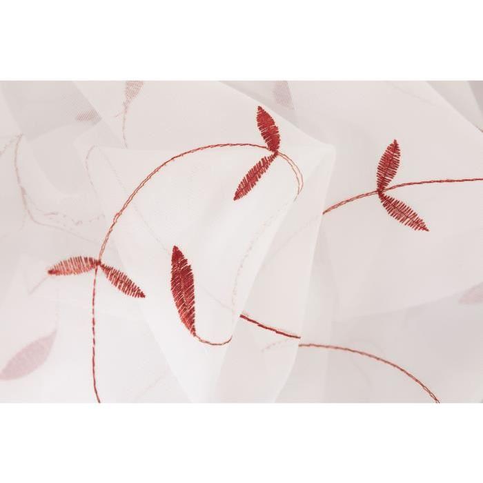 Vitrage Farandole - Passe-tringle - Brodé fleurs - 1 x 60 x 140 cm - Blanc et bordeaux