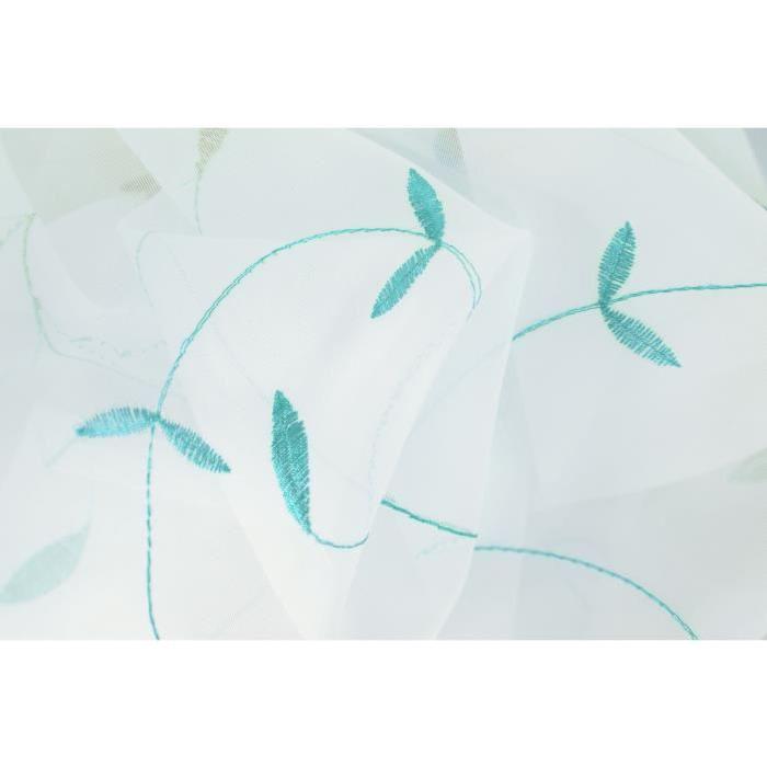 Vitrage Farandole - Passe-tringle - Brodé fleurs - 1 x 60 x 140 cm - Blanc et turquoise