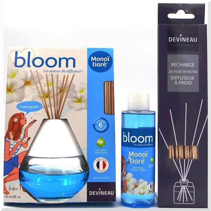 DEVINEAU Diffuseur de parfum a froid Bloom - 150 ml - Monoi Tiare-  recharge et 20 tiges