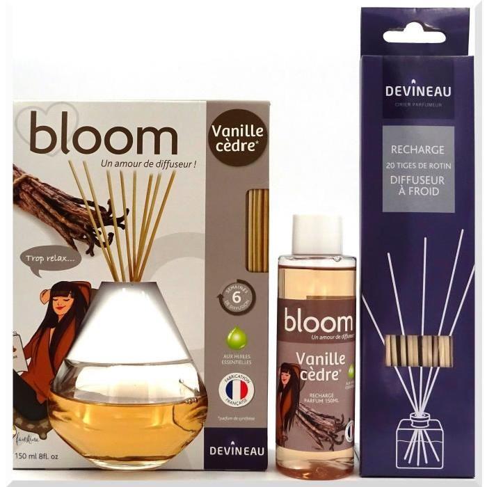 DEVINEAU Diffuseur de parfum a froid Bloom - 150 ml - Vanille Cedre-  recharge et 20 tiges